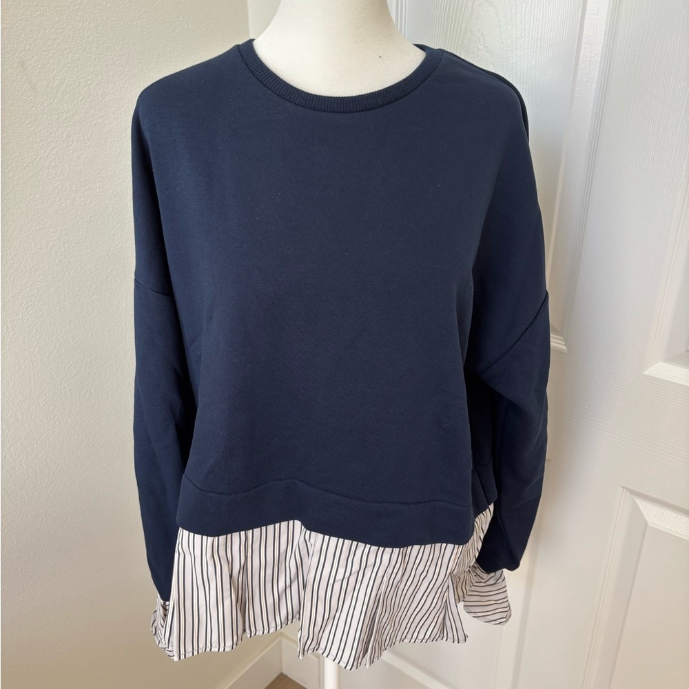 Maeve sweatshirt with blouse. Navy blue- striped built in blouse. Size S. NWT